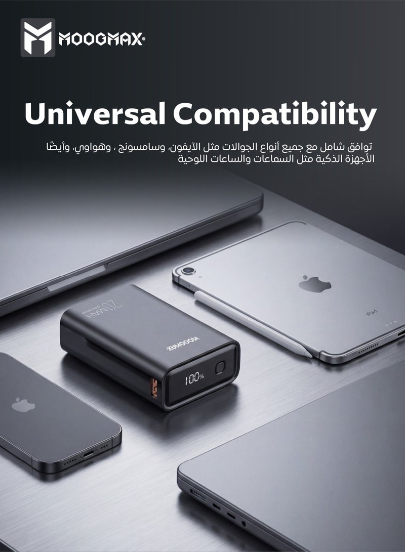 موجماكس مارفل باور بنك 20000 مللي أمبير. باور بانك قوي بقوة 22.5 واط. بطاريه متنقله بتصميم أنيق وبحجم ووزن صغير. شاحن متنقل بمنفذين شحن (شاحن تايب سي & شاحن يو اس بي) تدعم الشحن السريع PD & QC. بور بانك بشاشة عرض رقمية لعرض الشحن. بطارية شحن يسمح بحمله في الطائرات من موجماكس. أسود - Image 4